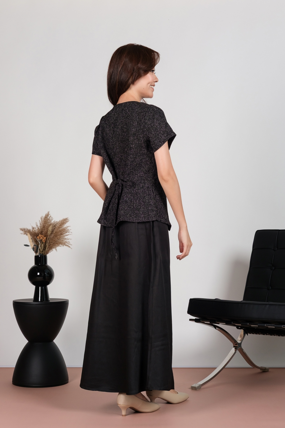 Tweed Short Sleeve Blouse and Maxi Skirt Co-ord Set - Black - Image 9