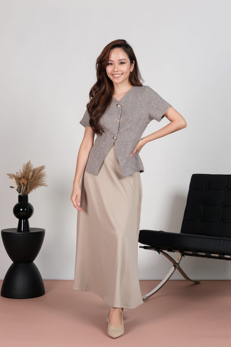 Tweed Short Sleeve Blouse and Maxi Skirt Co-ord Set - Grey - Image 4