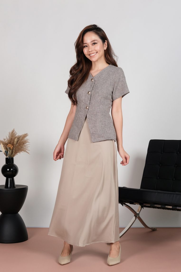 Tweed Short Sleeve Blouse and Maxi Skirt Co-ord Set - Grey