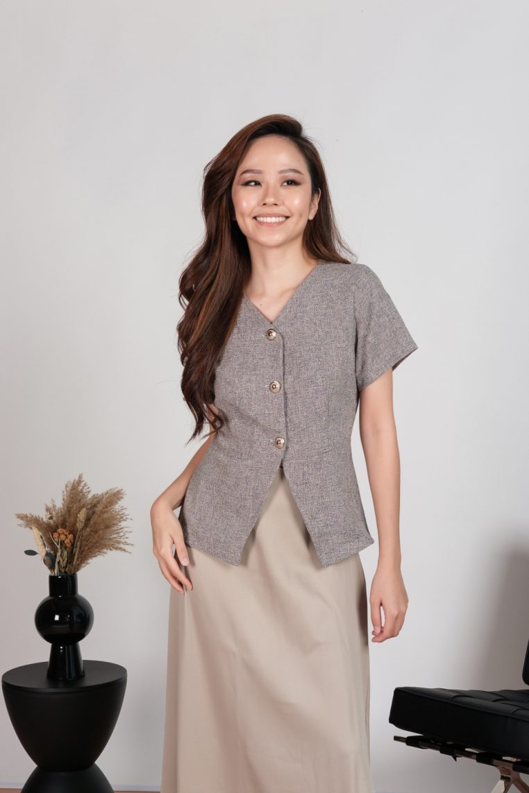 Tweed Short Sleeve Blouse and Maxi Skirt Co-ord Set - Grey - Image 6
