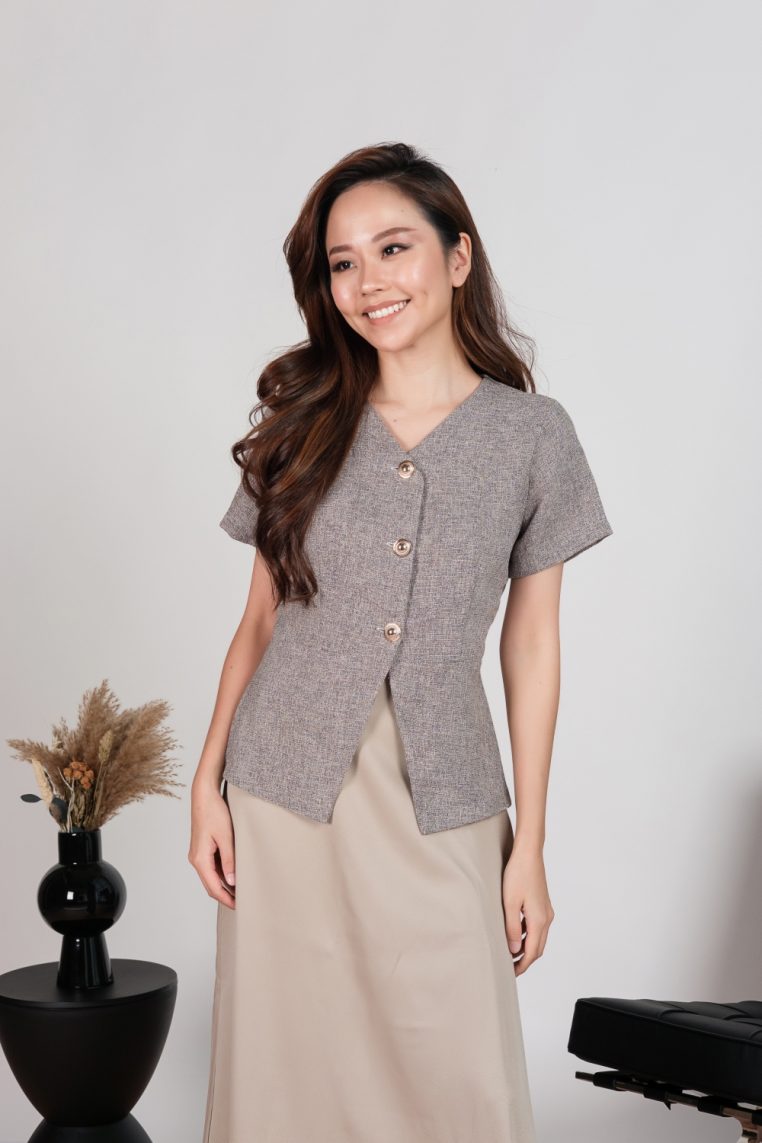 Tweed Short Sleeve Blouse and Maxi Skirt Co-ord Set - Grey - Image 8