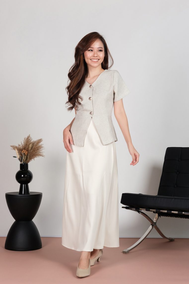 Tweed Short Sleeve Blouse and Maxi Skirt Co-ord Set - Off White