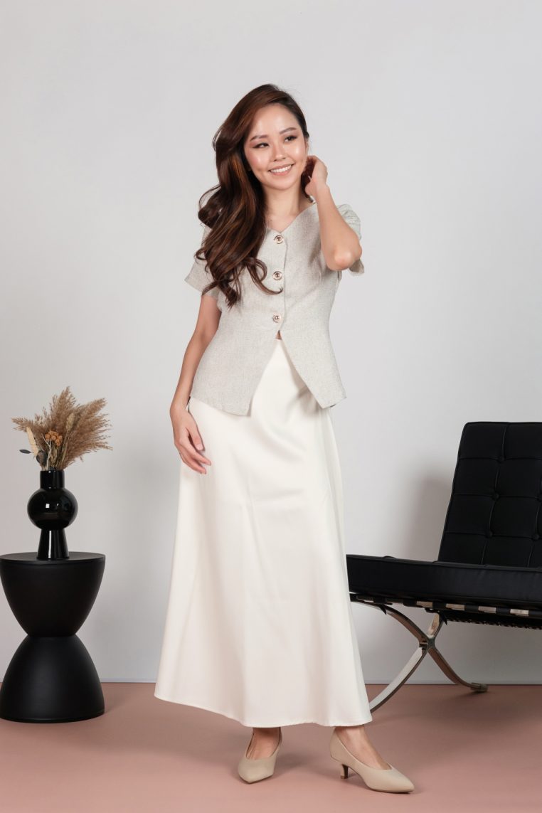 Tweed Short Sleeve Blouse and Maxi Skirt Co-ord Set - Off White - Image 5