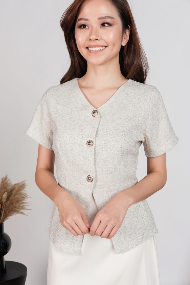 Tweed Short Sleeve Blouse and Maxi Skirt Co-ord Set - Off White - Image 8