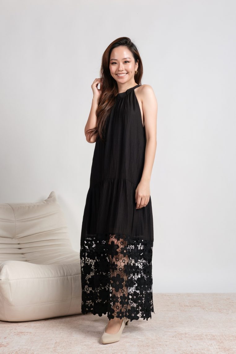 Crochet Lace Hem Halter Dress - Black