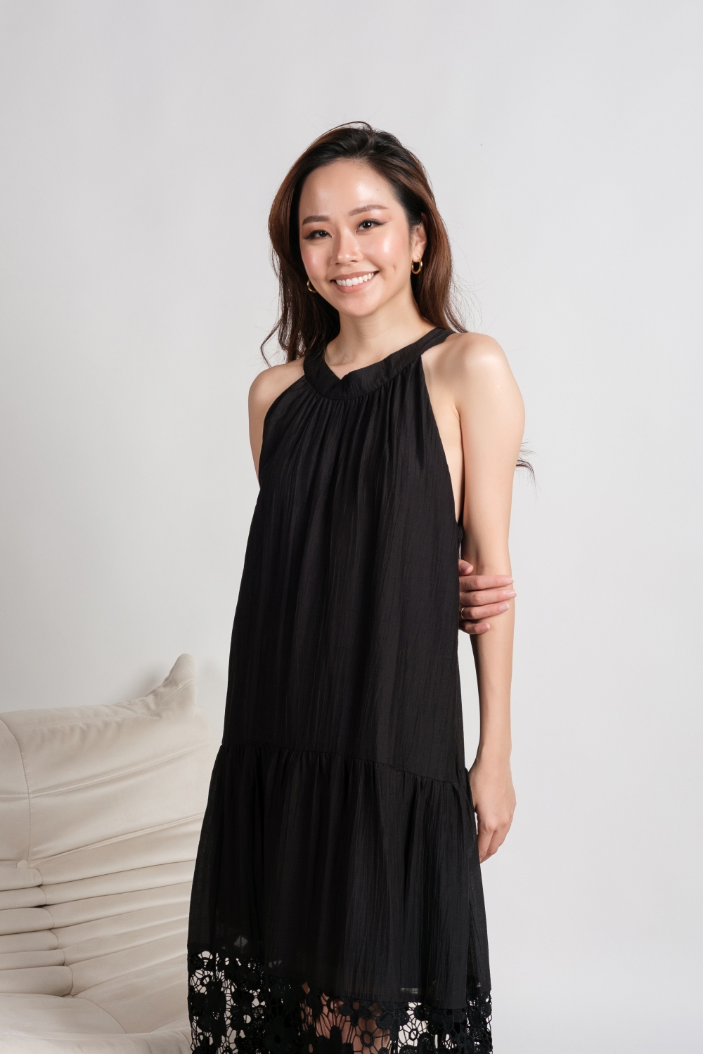 Crochet Lace Hem Halter Dress - Black - Image 8
