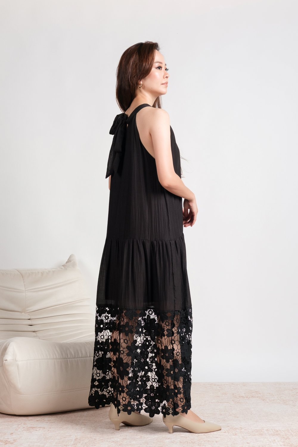 Crochet Lace Hem Halter Dress - Black - Image 2