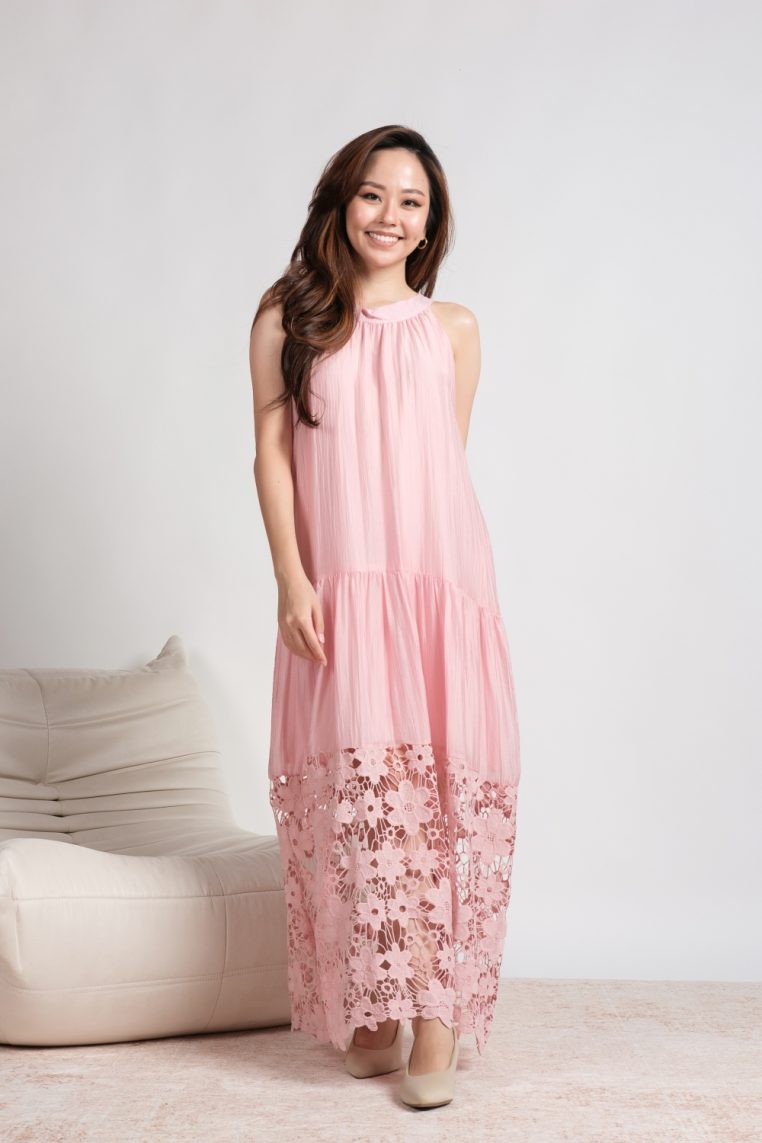 Crochet Lace Hem Halter Dress - Pink
