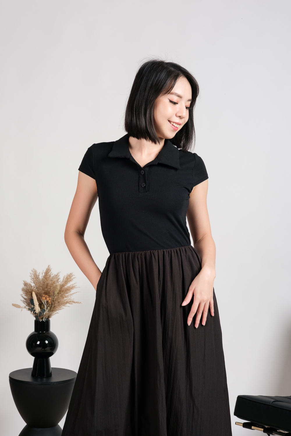 Collar Pocket Flare Dress - Black - Image 7