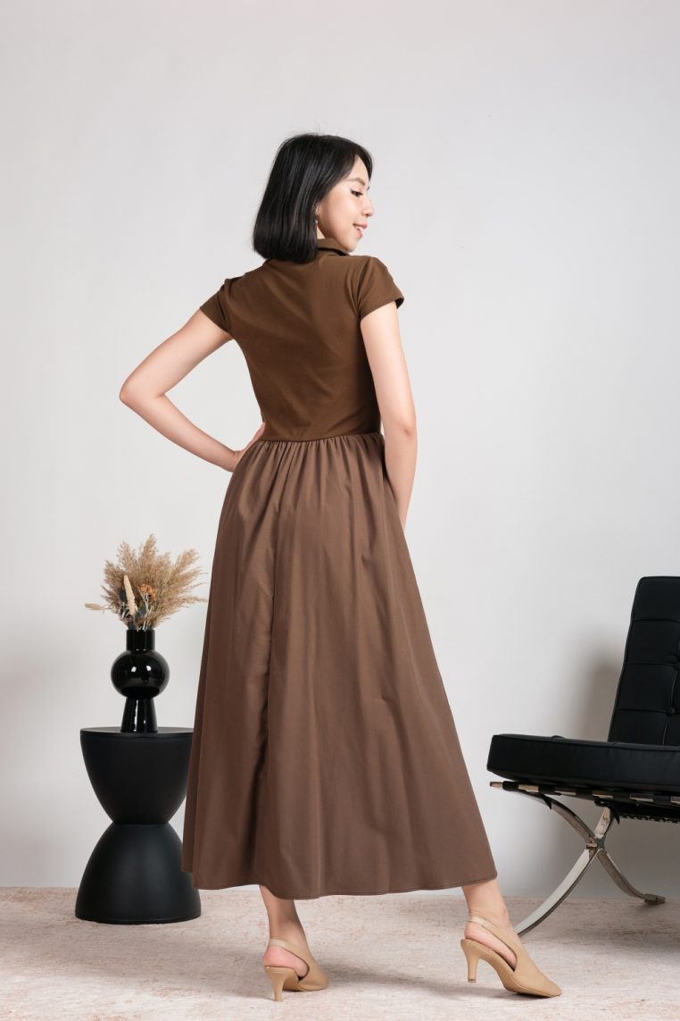 Collar Pocket Flare Dress - Brown - Image 6