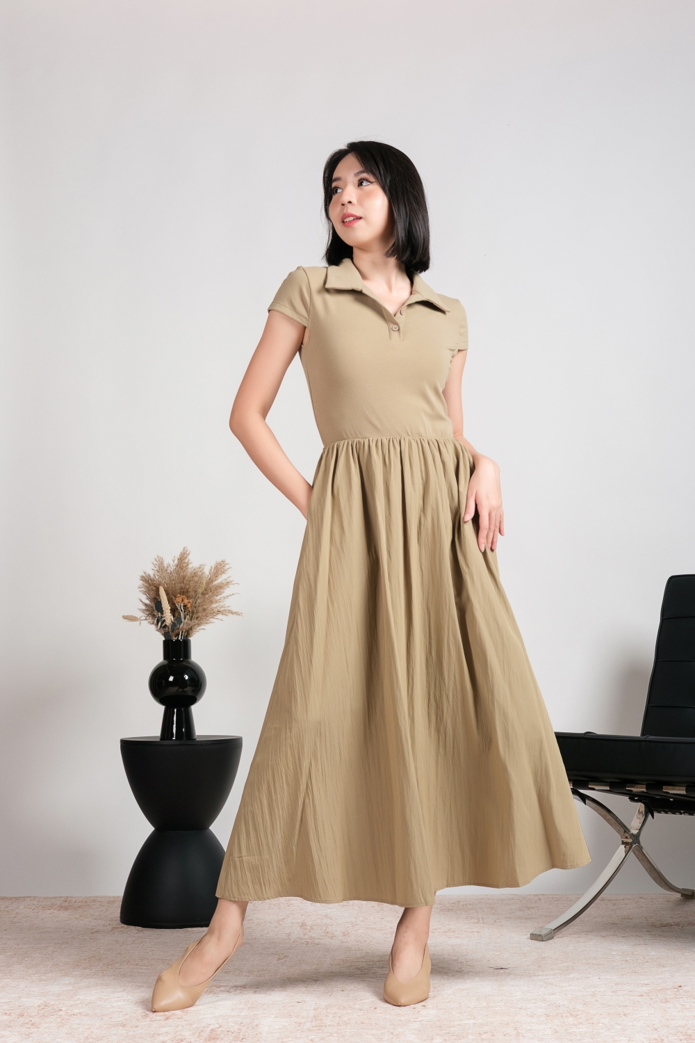 Collar Pocket Flare Dress - Khaki - Image 4