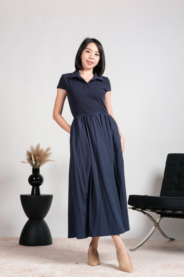 Collar Pocket Flare Dress - Navy Blue