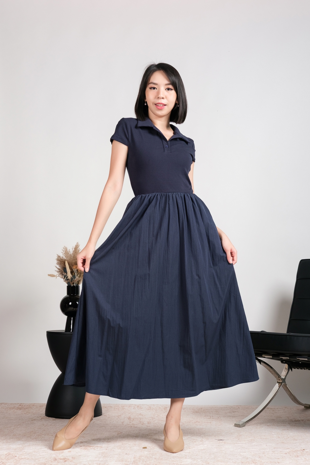 Collar Pocket Flare Dress - Navy Blue - Image 3