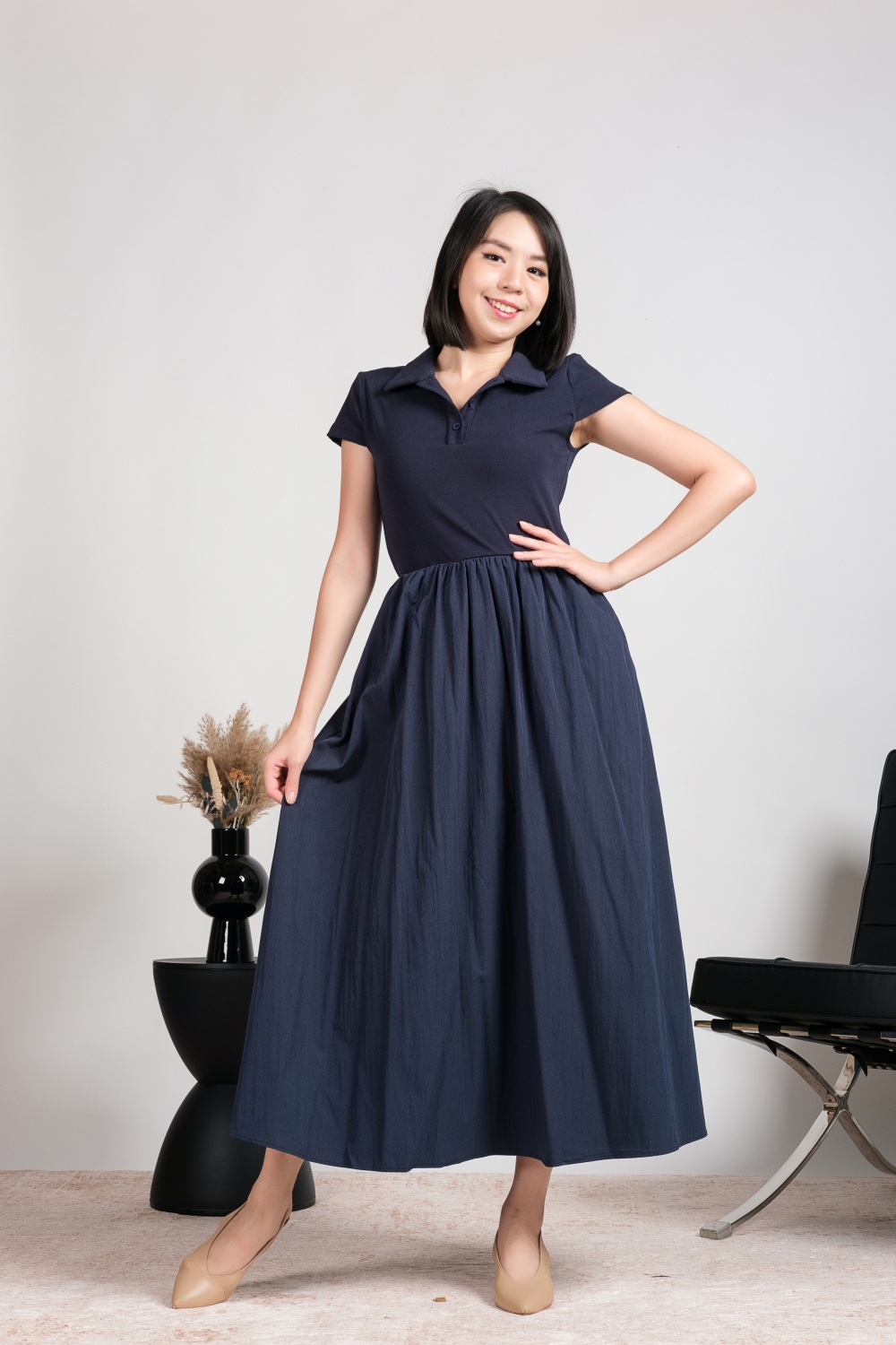Collar Pocket Flare Dress - Navy Blue - Image 4