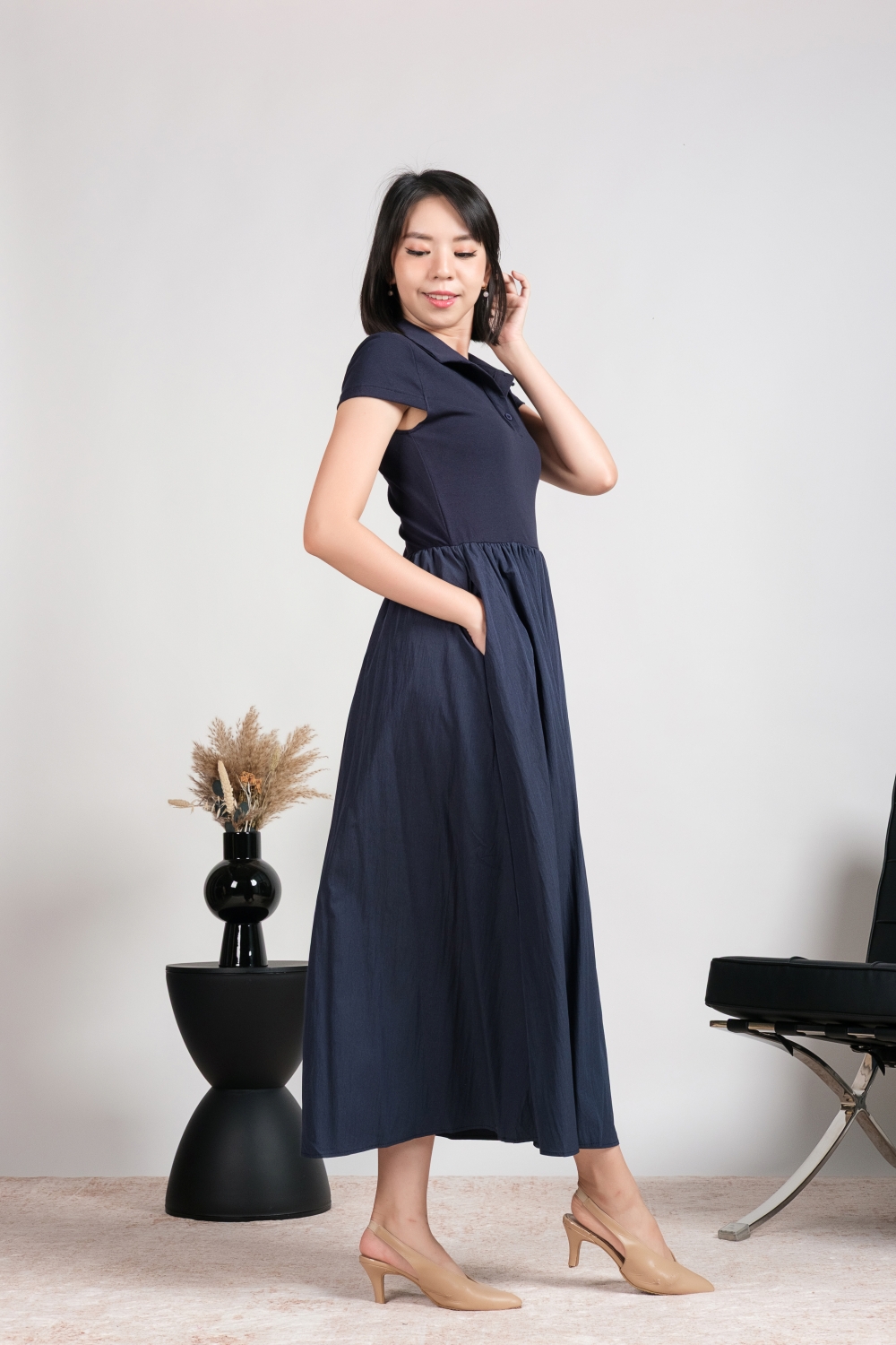Collar Pocket Flare Dress - Navy Blue - Image 5