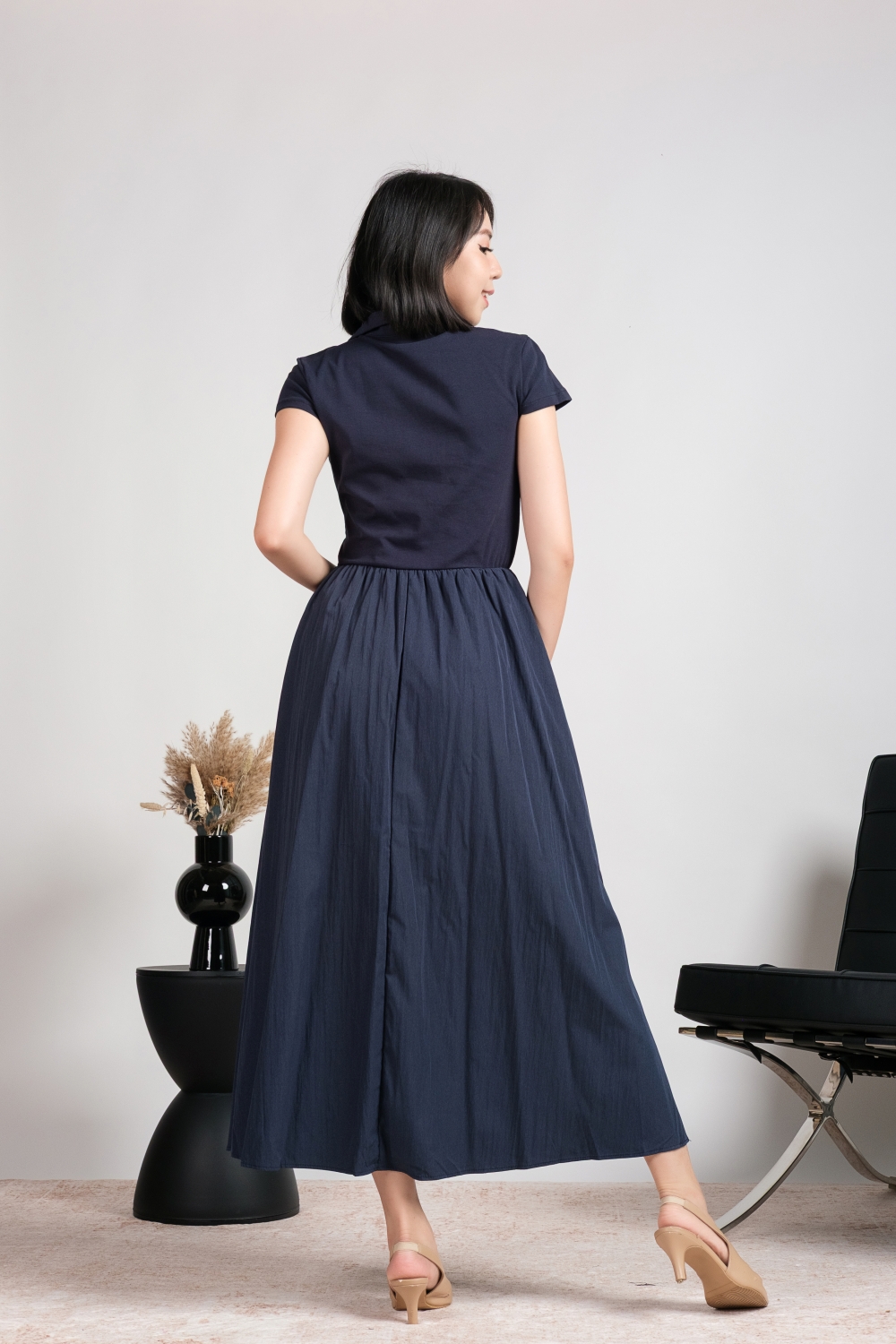 Collar Pocket Flare Dress - Navy Blue - Image 6