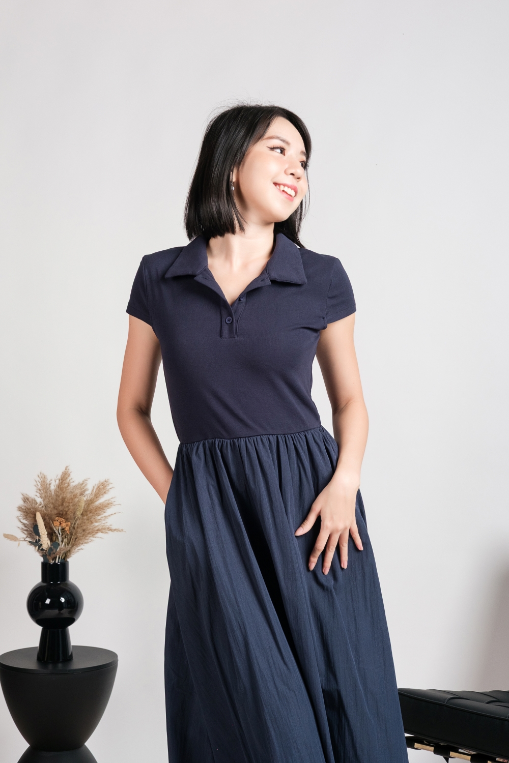 Collar Pocket Flare Dress - Navy Blue - Image 8