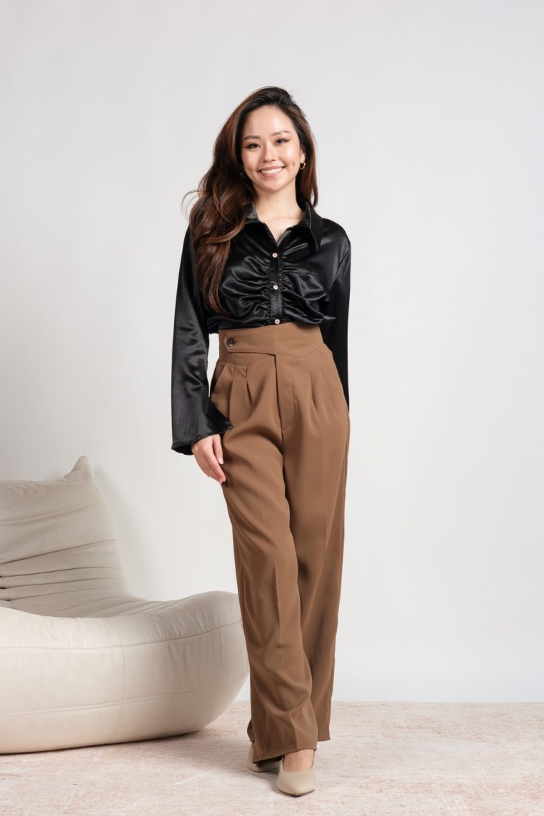 Button Overlap Pleat Front Pants - Brown - Image 3