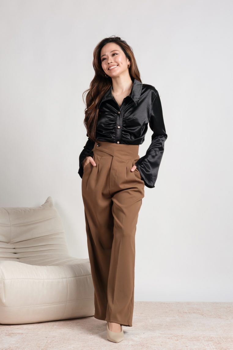 Button Overlap Pleat Front Pants - Brown - Image 4