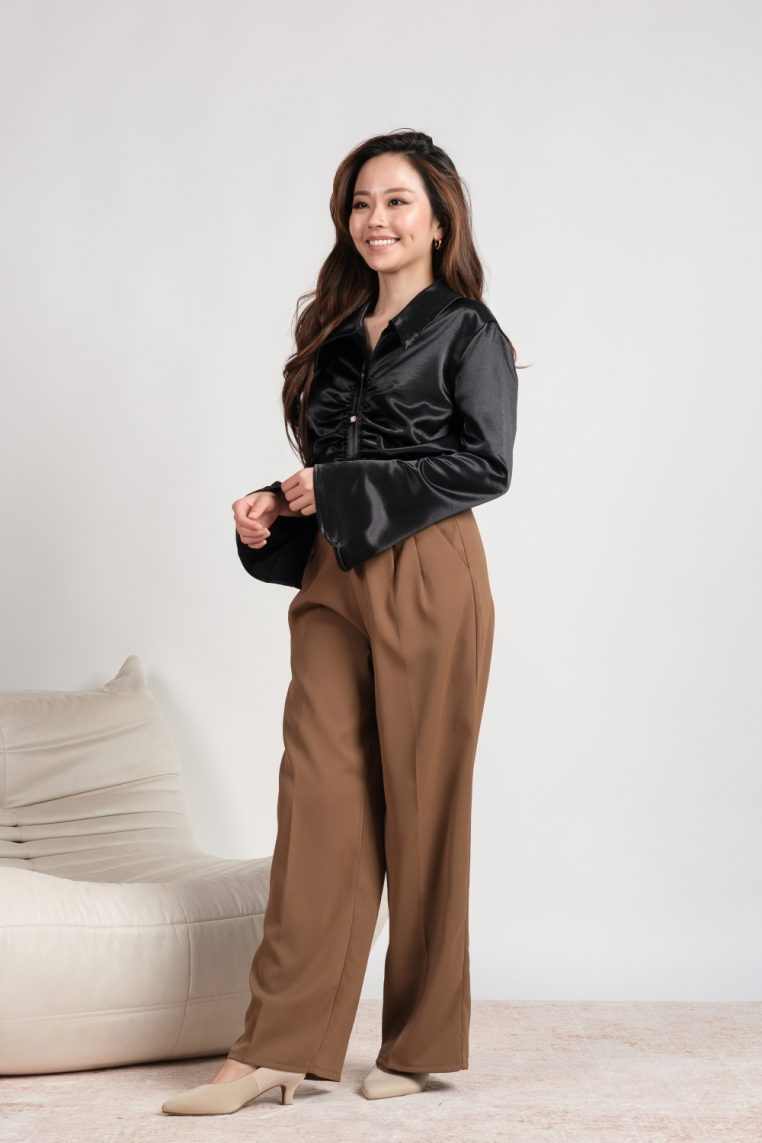 Button Overlap Pleat Front Pants - Brown - Image 5