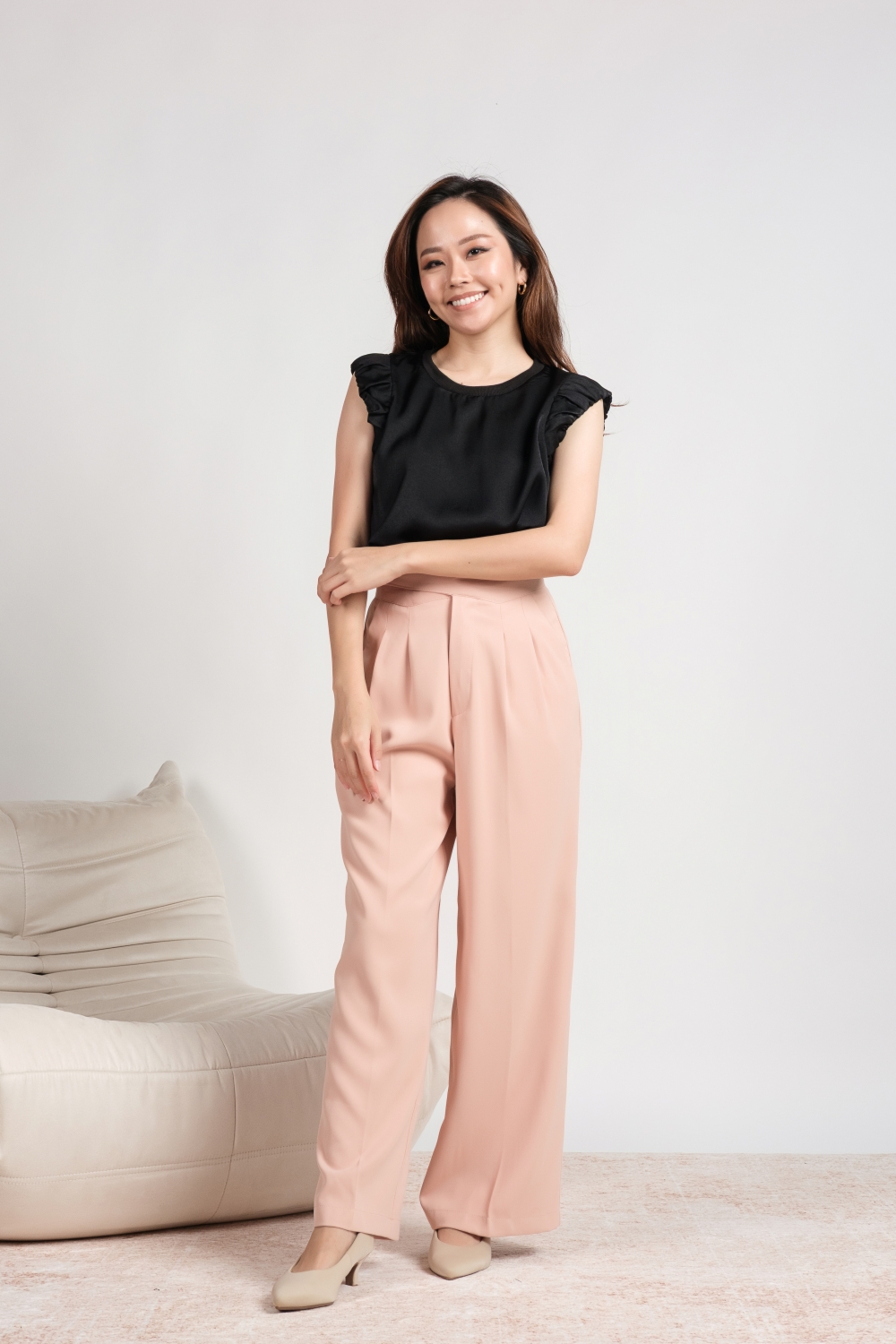 Button Overlap Pleat Front Pants - Peach - Image 3