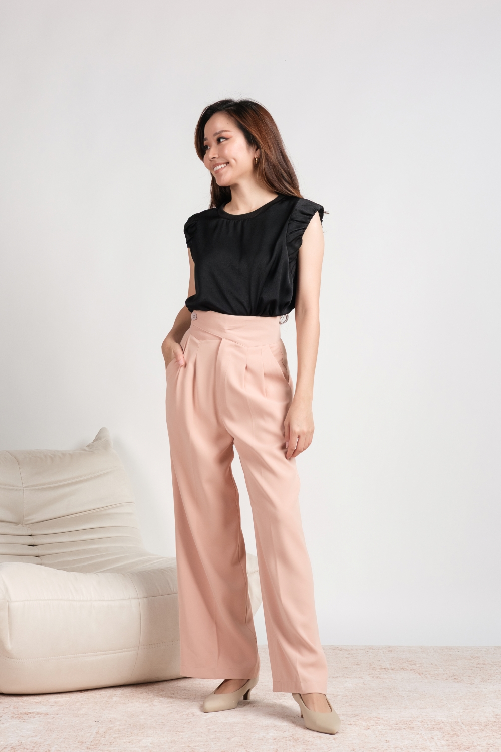Button Overlap Pleat Front Pants - Peach - Image 4