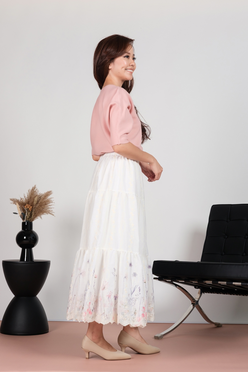 Embroidered Floral Hem Cotton Maxi Skirt - Pink - Image 3