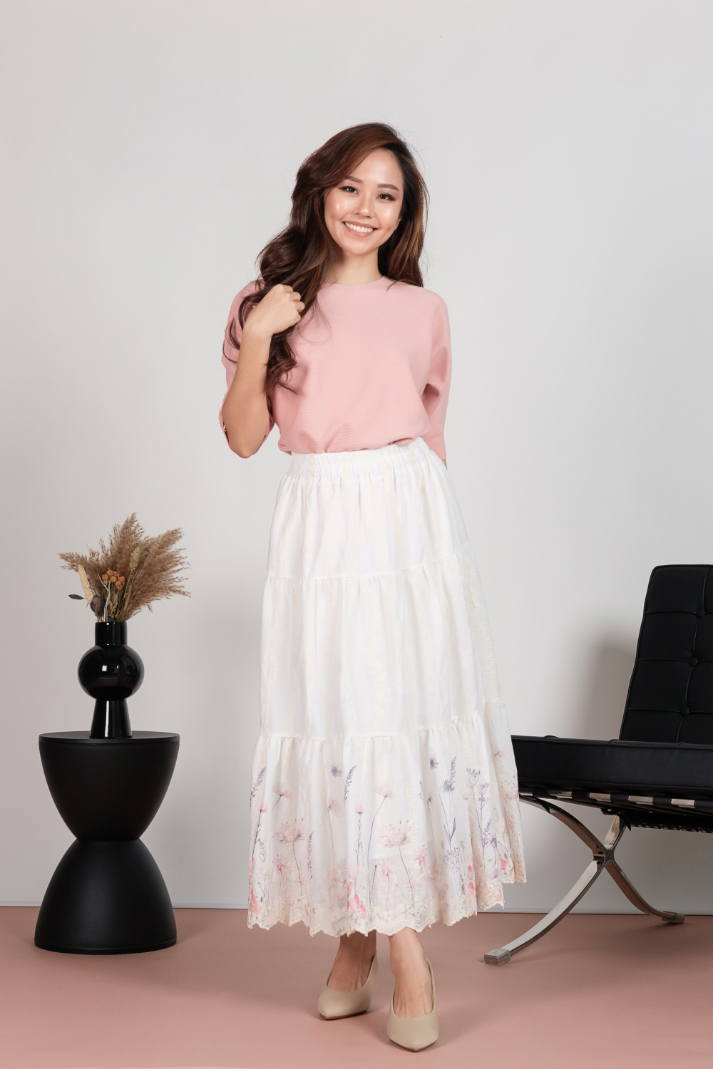 Embroidered Floral Hem Cotton Maxi Skirt - Pink - Image 4