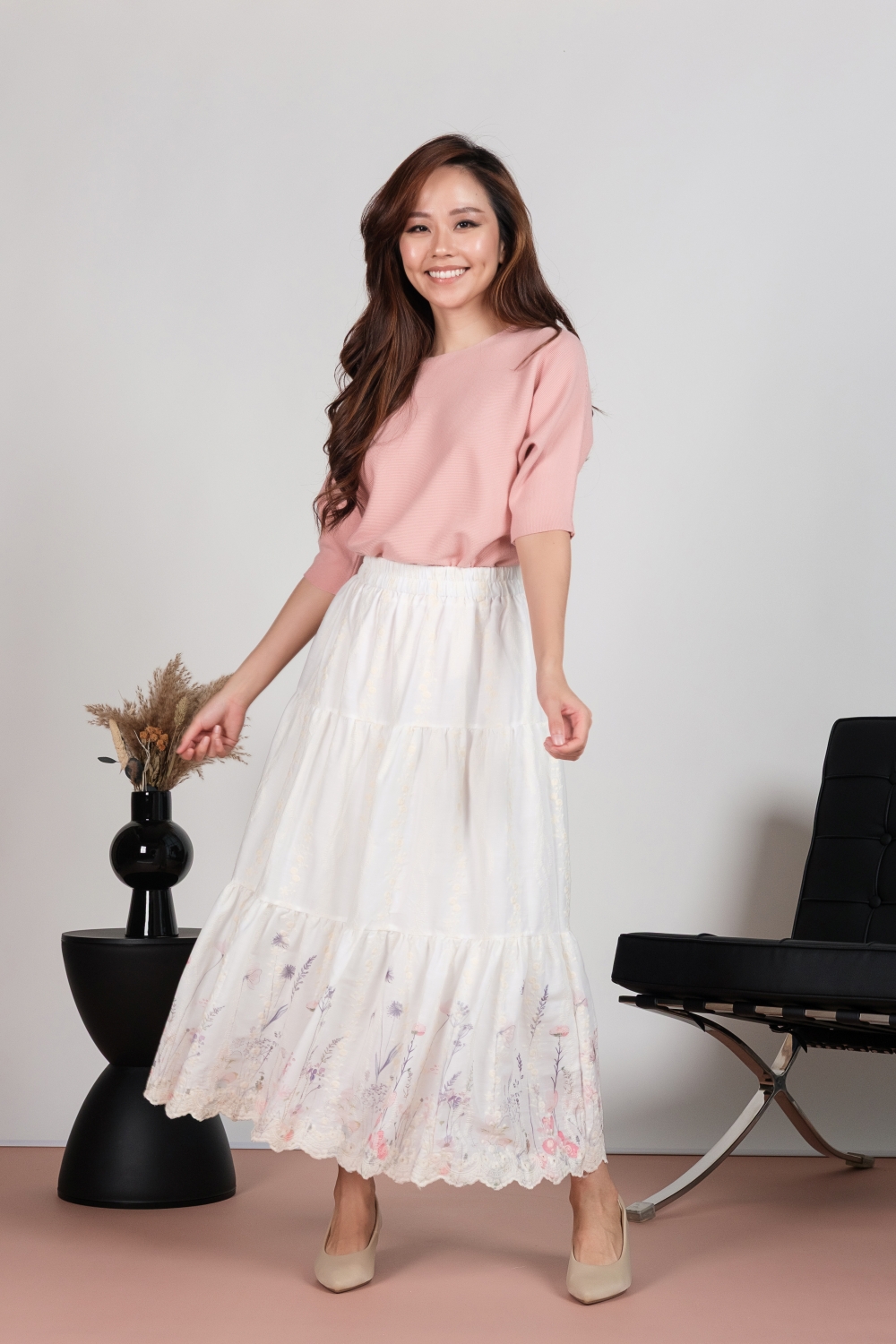 Embroidered Floral Hem Cotton Maxi Skirt - Pink - Image 5