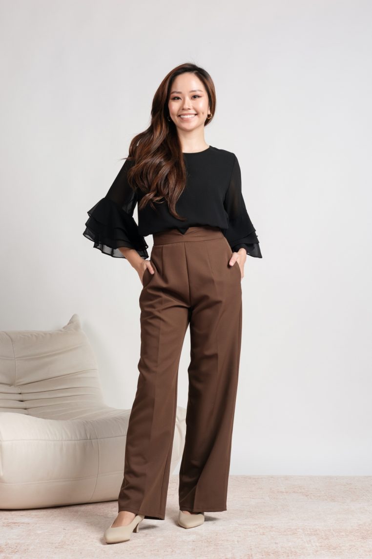 V Front Straight Cut Pants - Brown