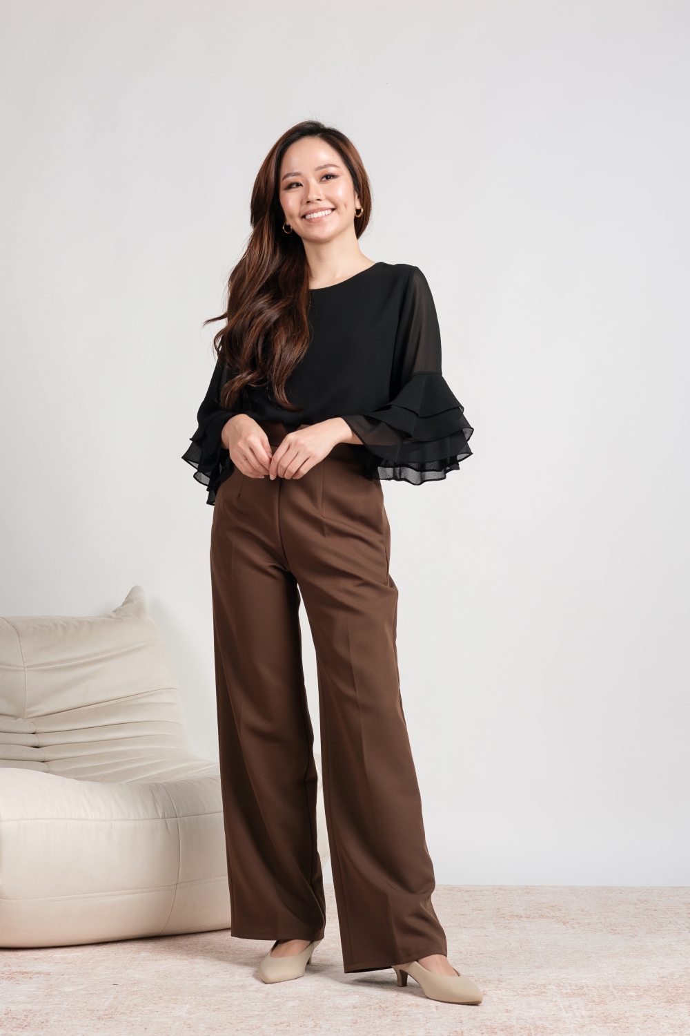 V Front Straight Cut Pants - Brown - Image 3