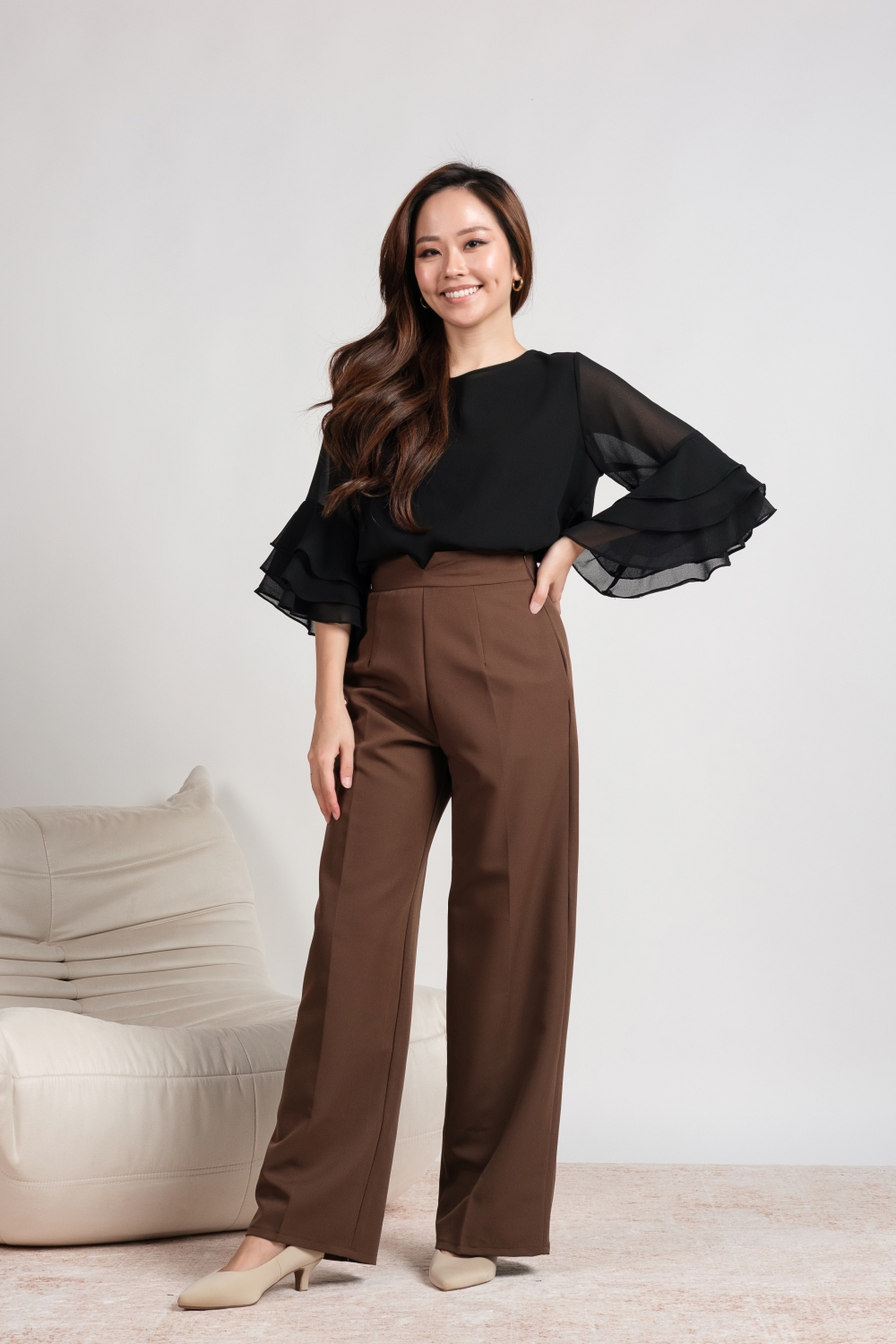 V Front Straight Cut Pants - Brown - Image 5
