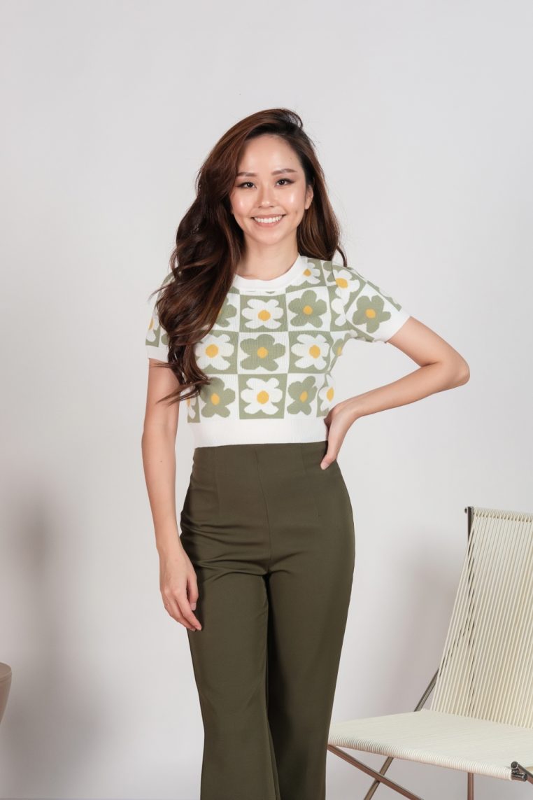 Retro Floral Knit Crop Top - Sage - Image 3