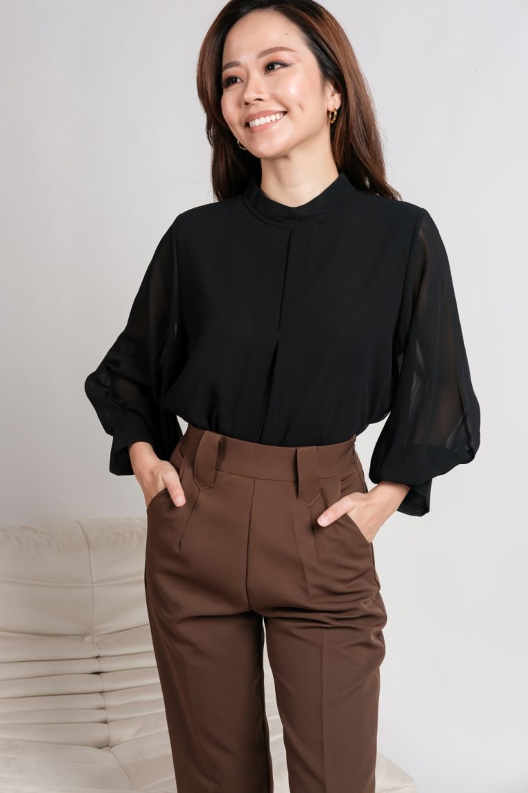 Alternative view of High Neck Balloon Sleeve Blouse - Black