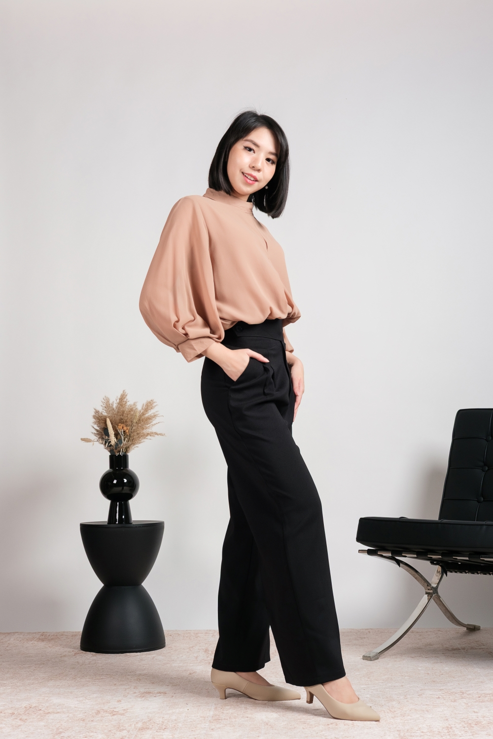 High Neck Balloon Sleeve Blouse - Camel - Image 6