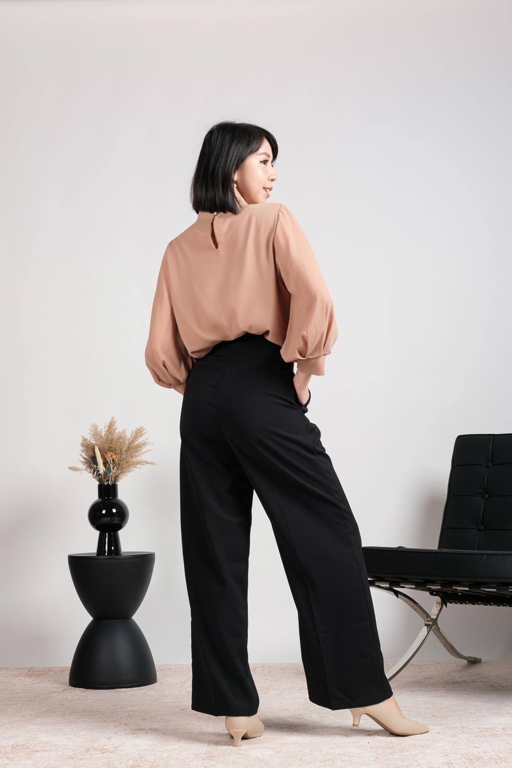 High Neck Balloon Sleeve Blouse - Camel - Image 7