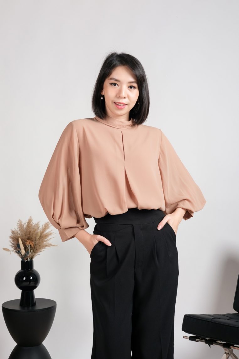 Alternative view of High Neck Balloon Sleeve Blouse - Camel