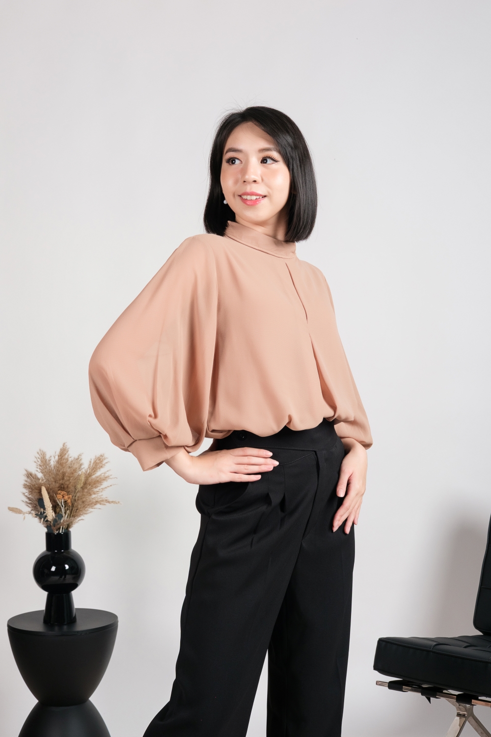High Neck Balloon Sleeve Blouse - Camel - Image 9