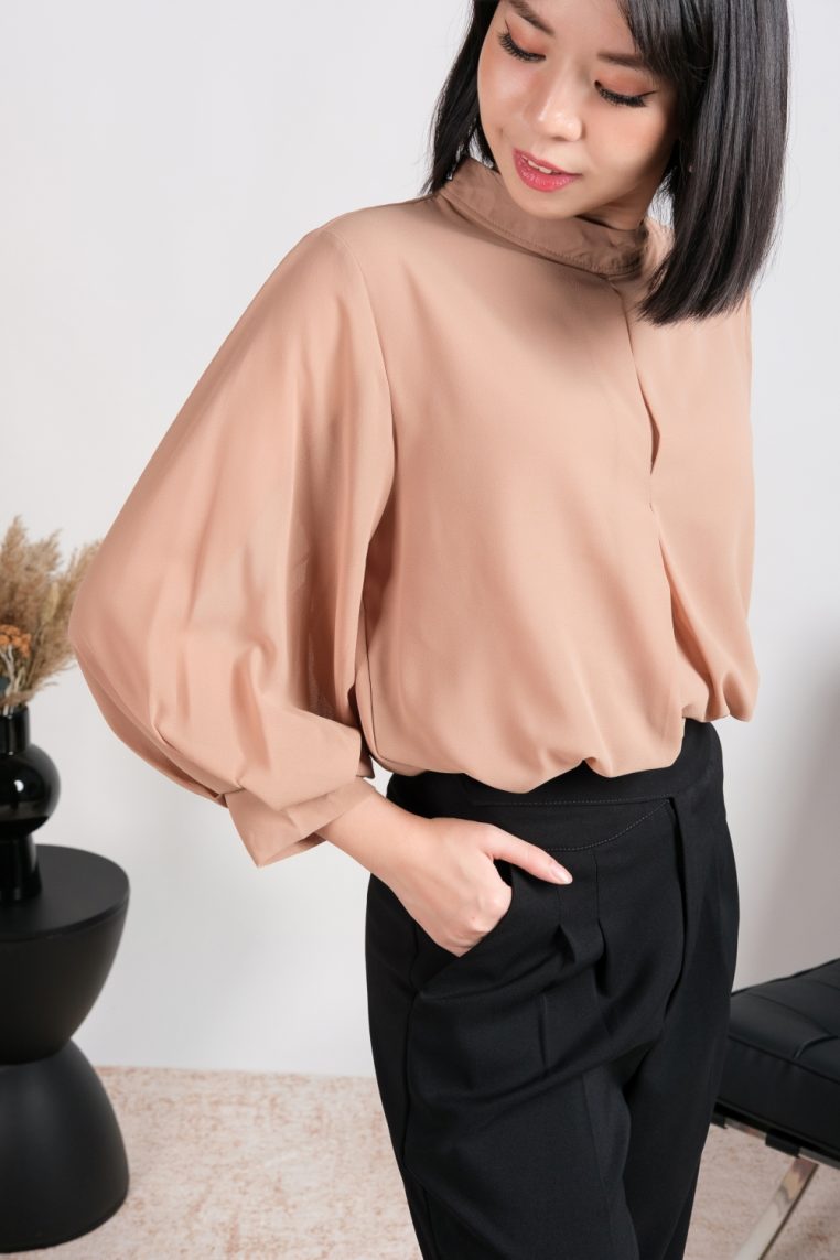 High Neck Balloon Sleeve Blouse - Camel