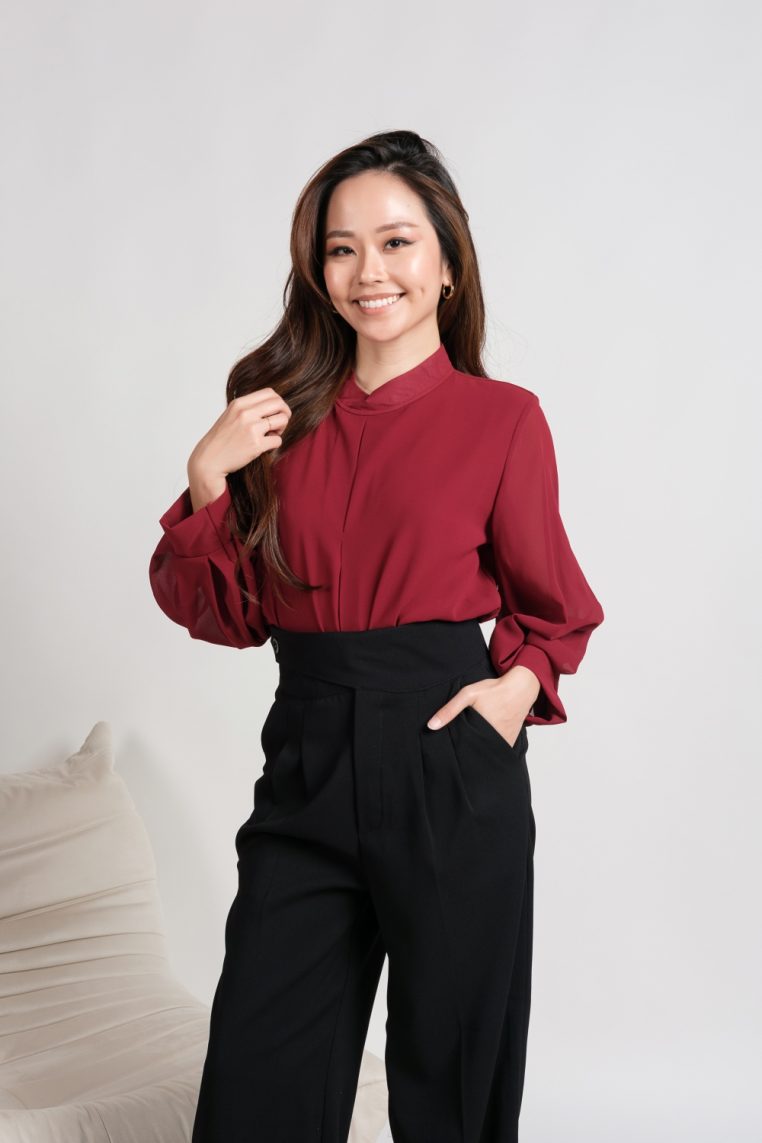 High Neck Balloon Sleeve Blouse - Maroon