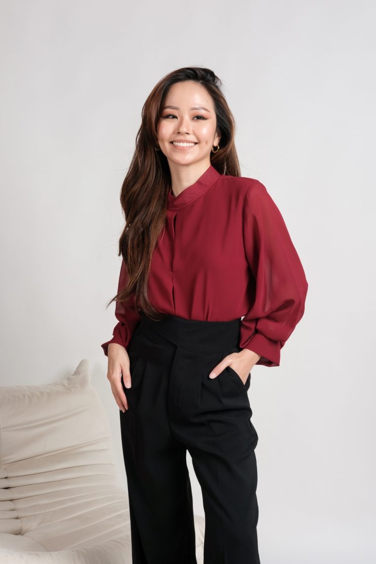 High Neck Balloon Sleeve Blouse - Maroon - Image 3