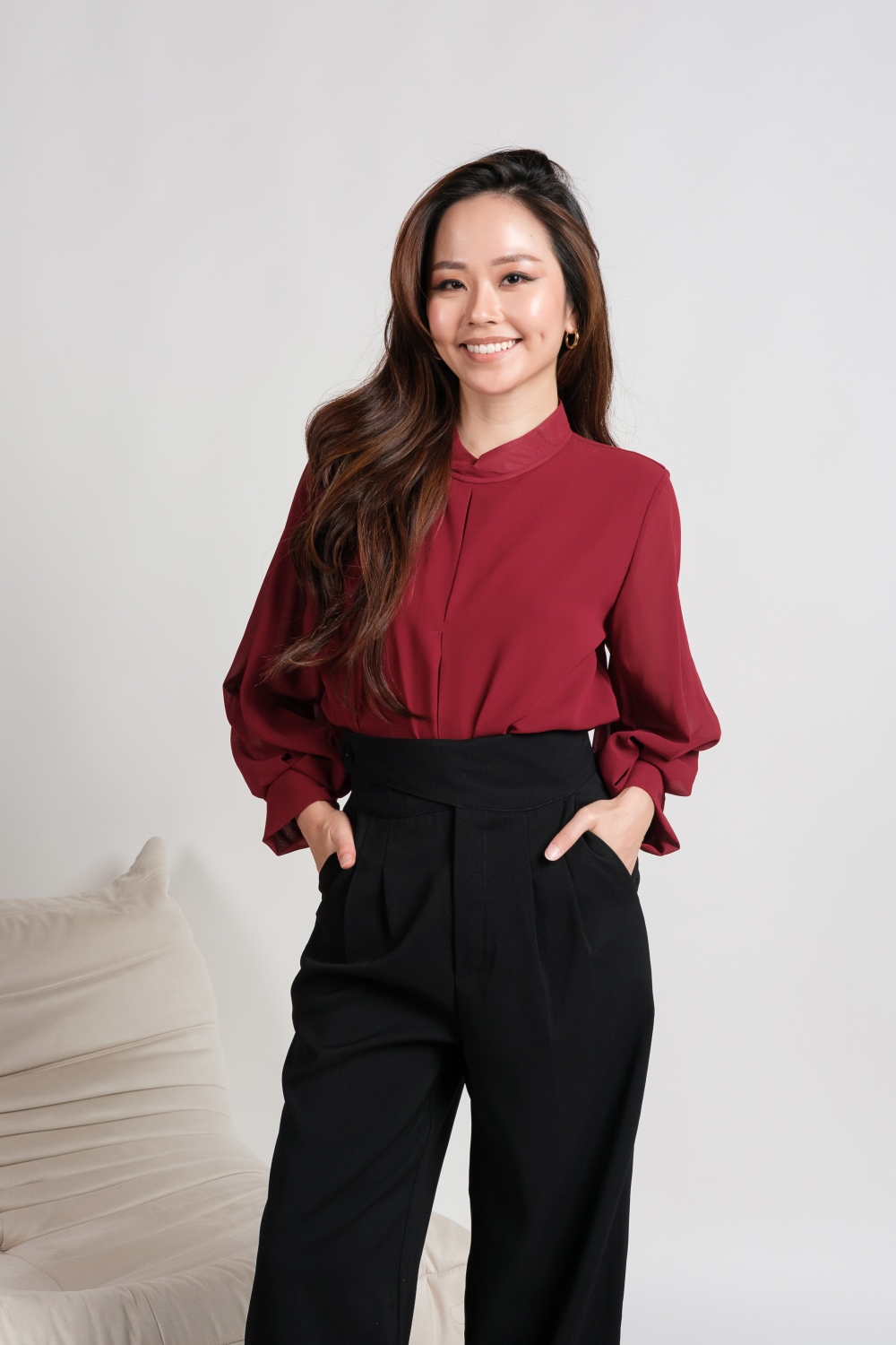 High Neck Balloon Sleeve Blouse - Maroon - Image 4