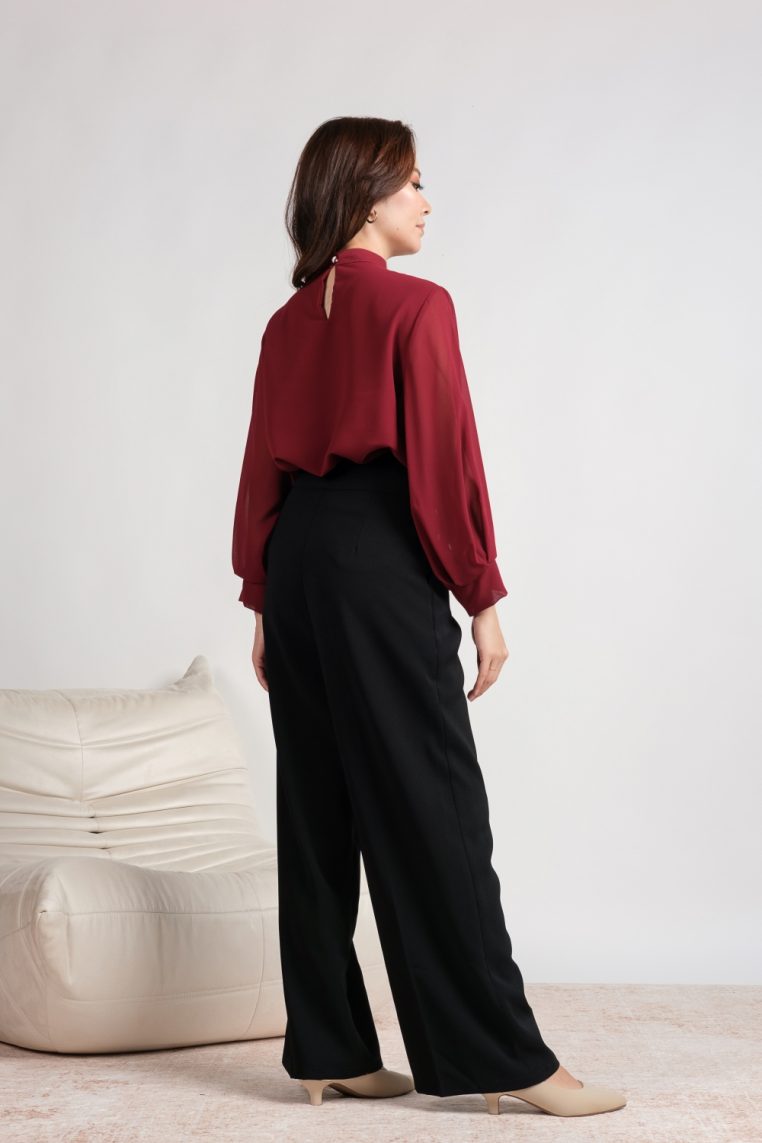 High Neck Balloon Sleeve Blouse - Maroon - Image 5