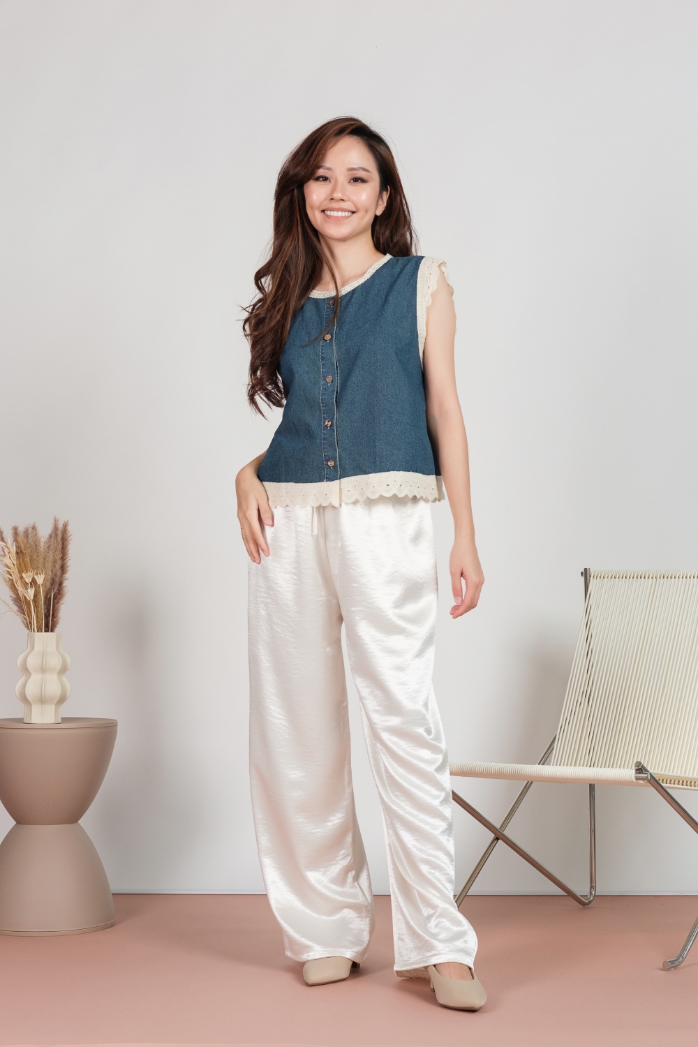 Lace Trim Denim Button Blouse - Dark Blue - Image 2