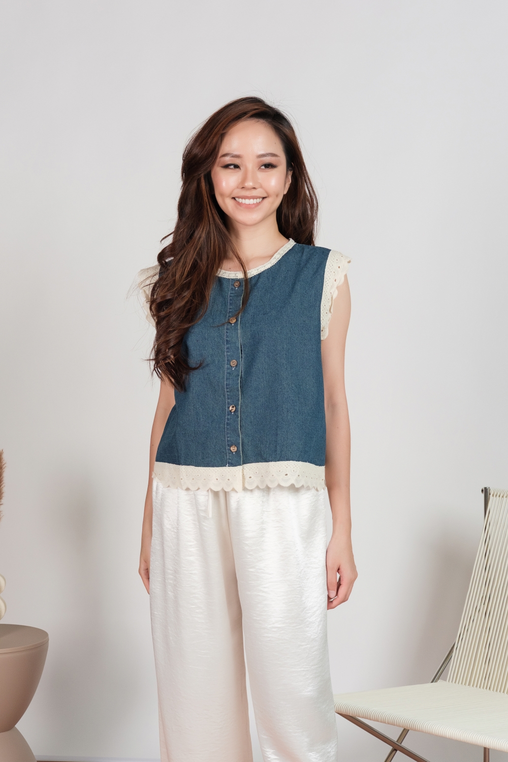 Lace Trim Denim Button Blouse - Dark Blue - Image 5