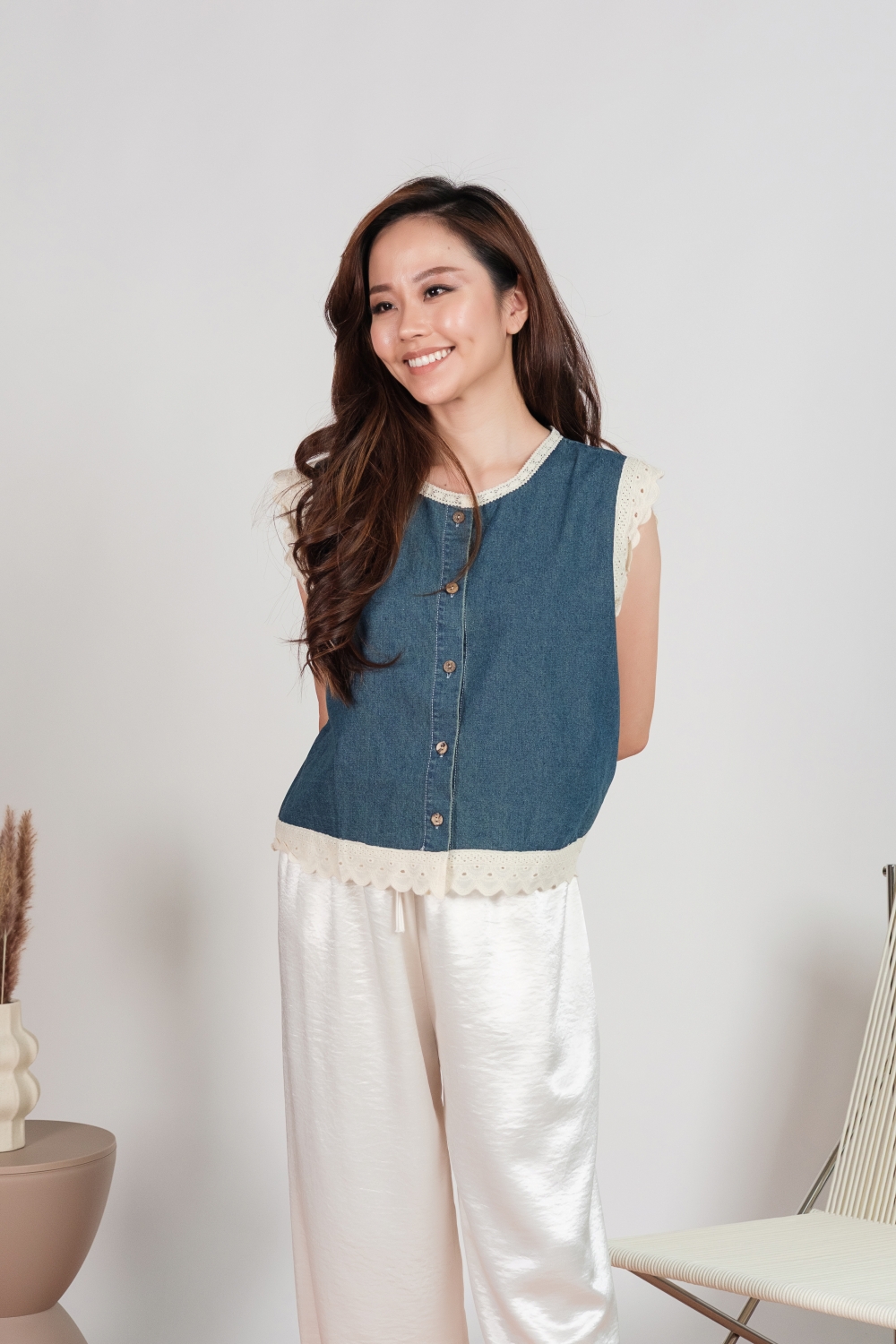 Lace Trim Denim Button Blouse - Dark Blue - Image 6
