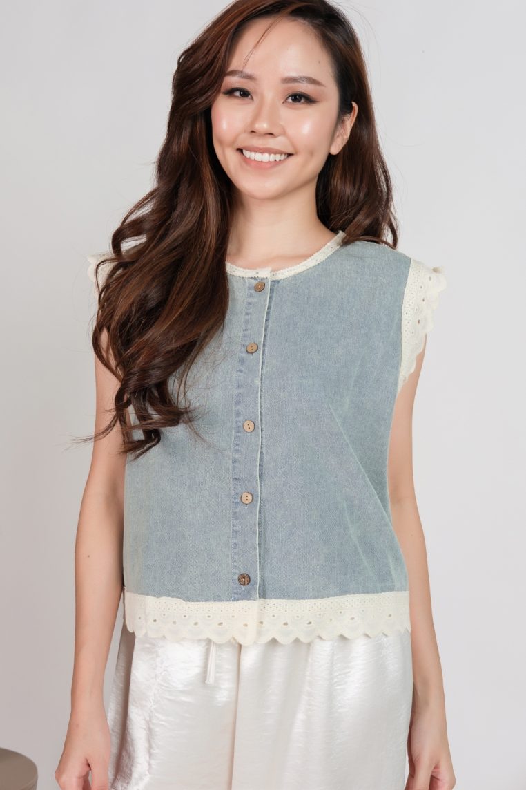 Lace Trim Denim Button Blouse - Light Blue