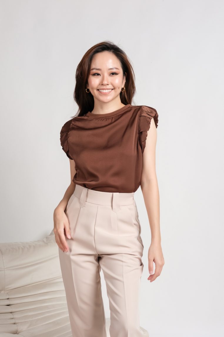 Gathered Shoulder Satin Top - Brown