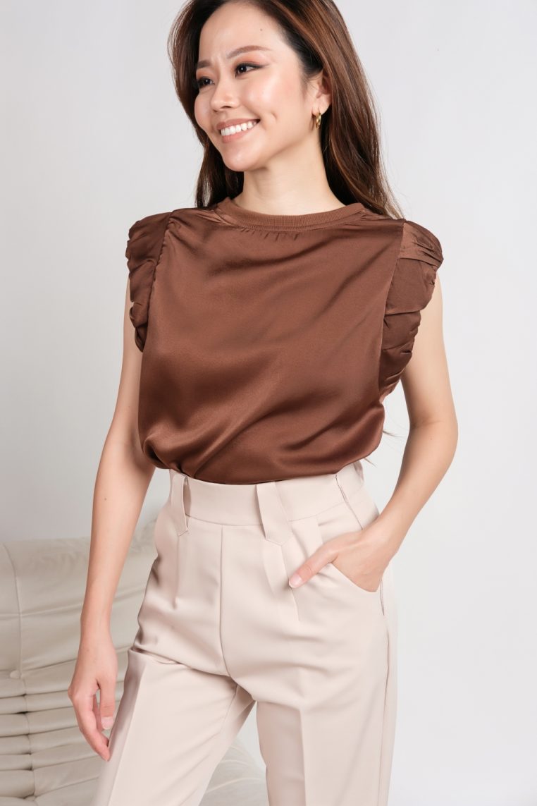 Alternative view of Gathered Shoulder Satin Top - Brown