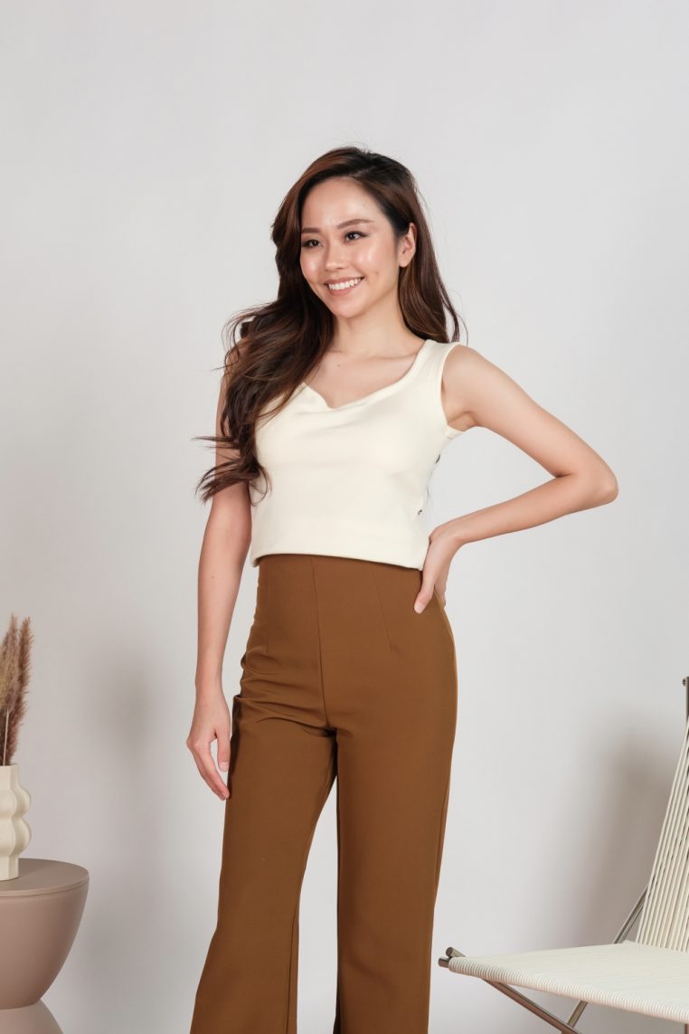 Ribbed Scoop Neck Padded Tank Top - Cream - Image 3